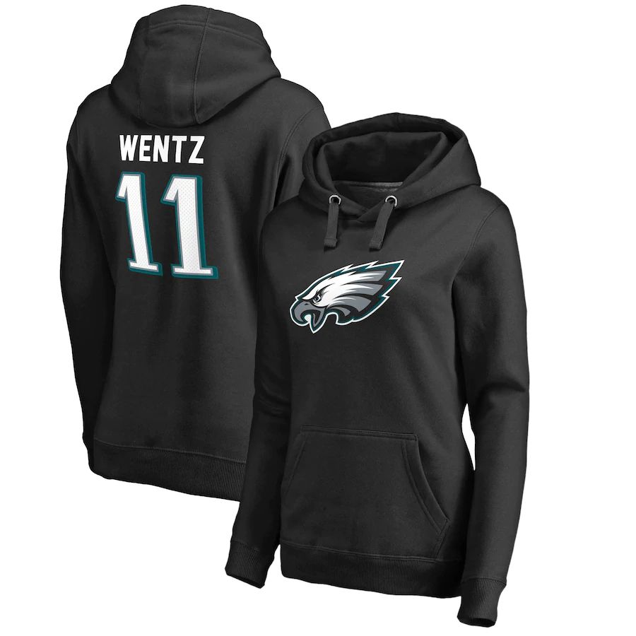 Women Philadelphia Eagles #11 Carson Wentz NFL Pro Line by Fanatics Branded Black Player Icon Name & Number Pullover Hoodie